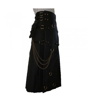 Long Black Gothic Cotton Utility Kilt Steampunk Design Leather Straps & Chains 